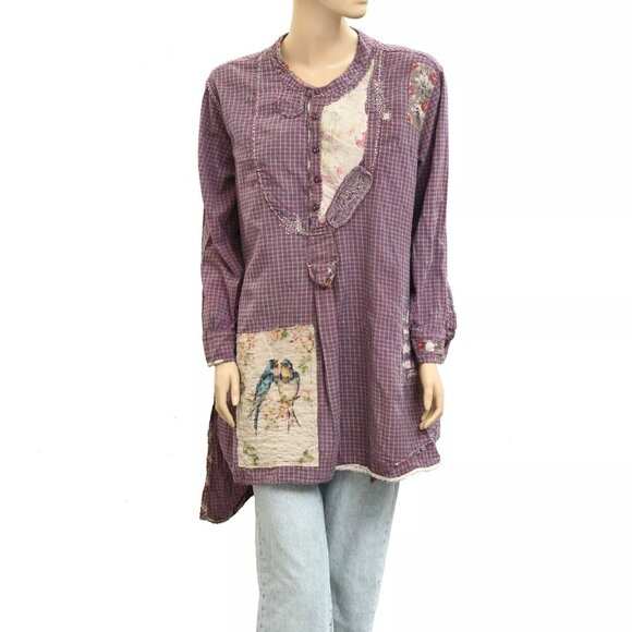 Magnolia Pearl Tops - Magnolia Pearl Mauve Patchwork Tunic with Bird Patch
